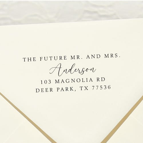 This is a black address labels by Samantha Malvey called future mr. mrs. stamp | self inking return address stamp in standard