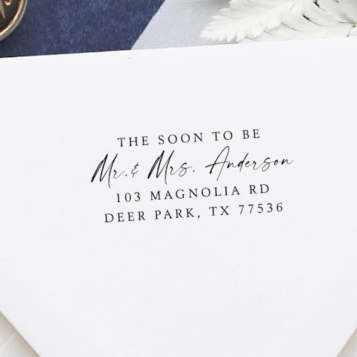This is a black address labels by Samantha Malvey called custom name soon to be married address stamp | self inking return address stamp in standard