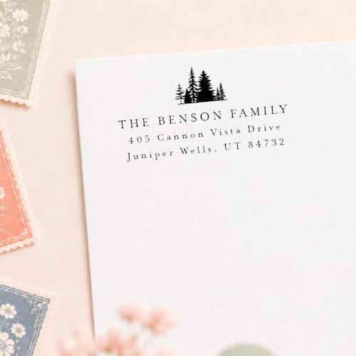 This is a multicolor address labels by Sara Luke called pine trees return address stamp | self-inking stamp in standard