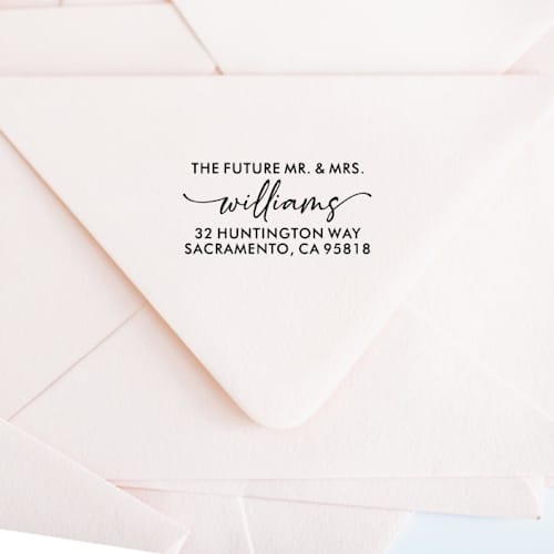 This is a black address labels by Casey Harp called custom future script address stamp | self-inking | black ink in standard