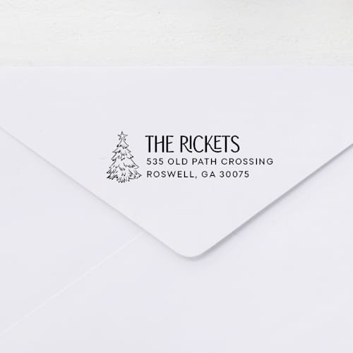 This is a multicolor address labels by Sara Luke called christmas tree return address stamp | wood handle stamp in standard