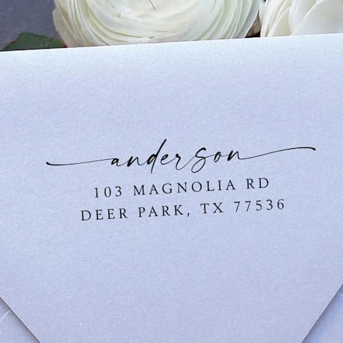 This is a black address labels by Samantha Malvey called classic family address stamp | self inking return address stamp in standard