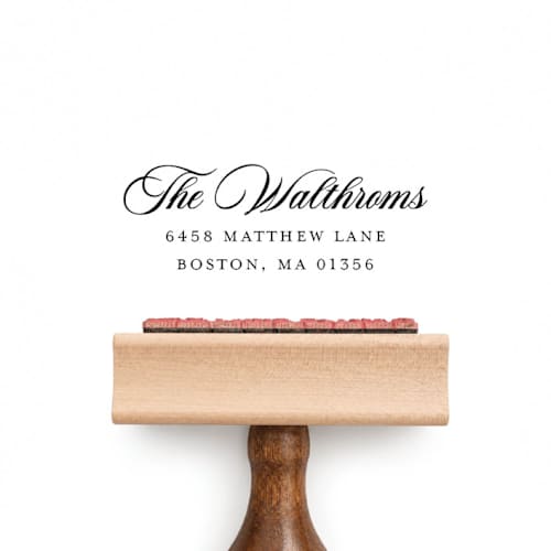 This is a multicolor address labels by Sara Luke called formal script return address stamp | wood block stamp in standard