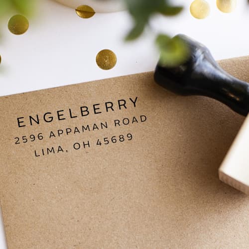 This is a multicolorassorted-colors address labels by Sara Luke called modern minimalistic custom address stamp in all caps | wood handle stamp in standard