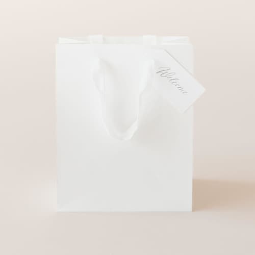 This is a white wedding day of favors by Lavender and Pine Gifting called white gift bag with gift tag in standard