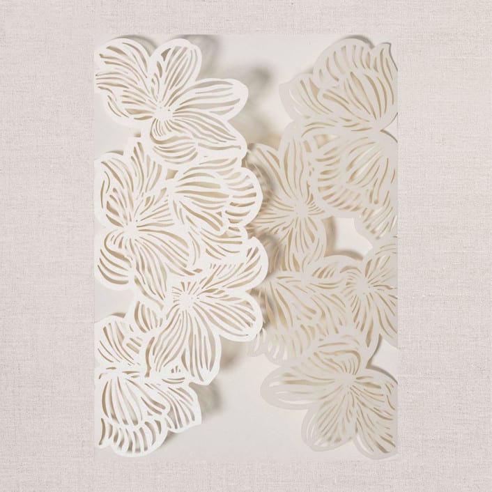 Qty of 50 Custom Ivory Shimmer Exquisite Flower Laser Cut Gatefold Pocket Wedding Invitations