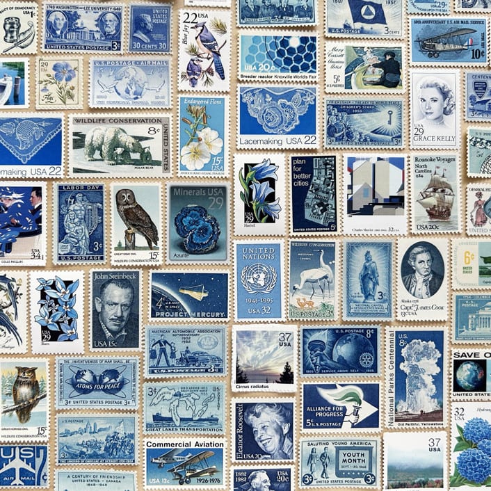 82 cents . Blue Vintage Postage Stamp Variety Pack . Set of 5