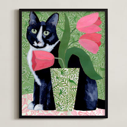 Tuxedo Cat Barry with Pink Tulips