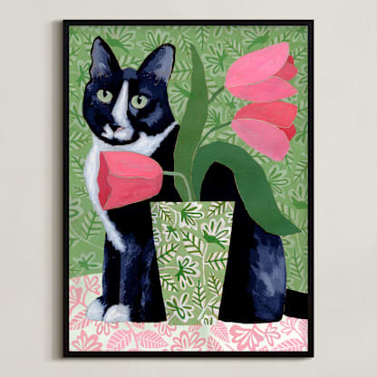 Tuxedo Cat Barry with Pink Tulips
