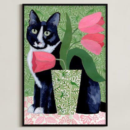 Tuxedo Cat Barry with Pink Tulips
