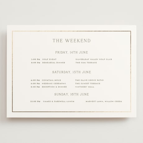 Foil-Pressed Grand Wedding Weekend Itinerary Cards