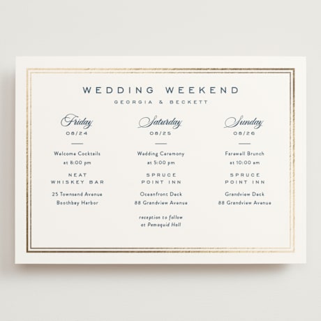 Foil-Pressed Grand Wedding Weekend Itinerary Cards