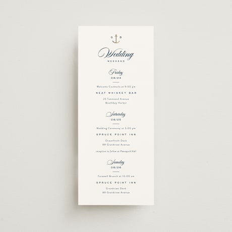 Foil-Pressed Tall Wedding Weekend Itinerary Cards