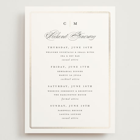 Foil-Pressed Grand Wedding Weekend Itinerary Cards