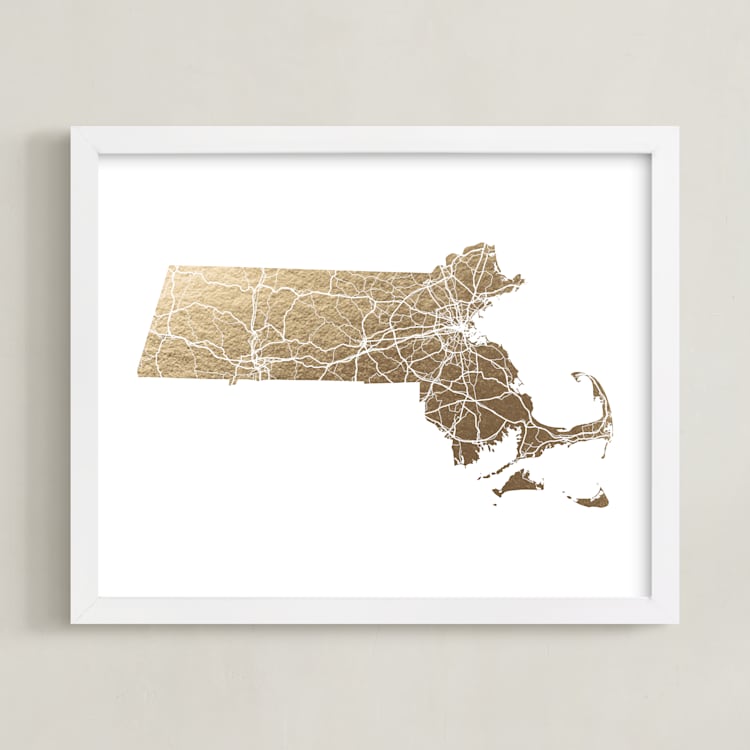 "Massachusetts Map Filled" - Custom Foil Print in White by GeekInk Design - Framed