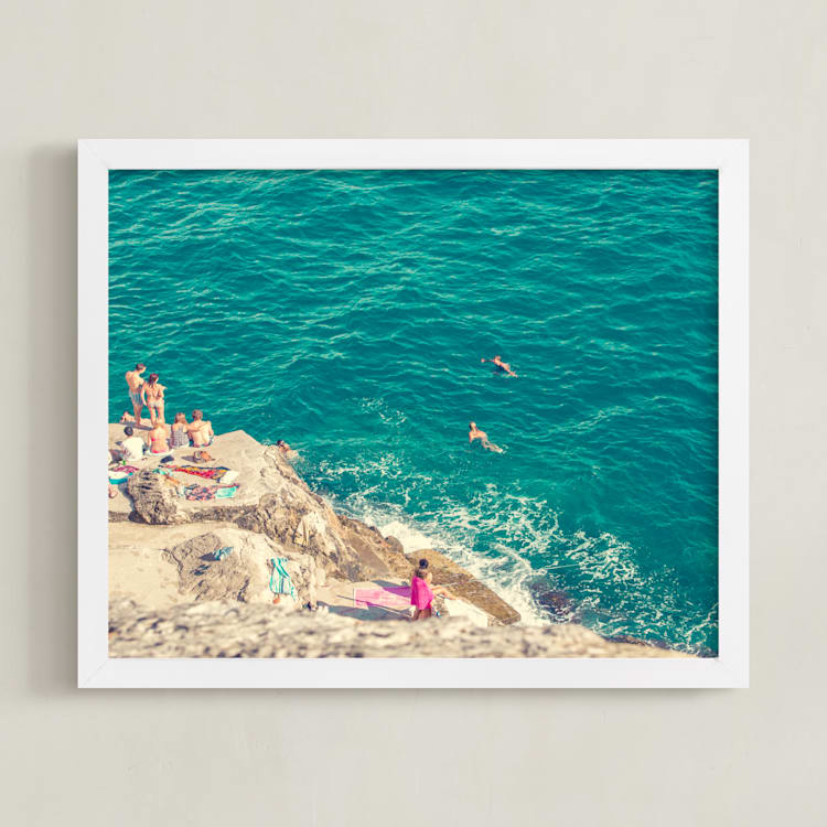 "Seaside" - Art Print in Bright Teal by Kitty Seeber - Framed