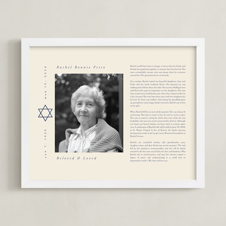 "Modern Star of David Obituary Print" - Custom Print in Cream by Ana de Sousa - Framed