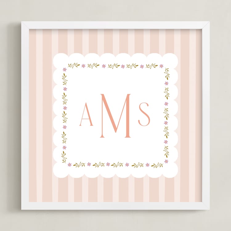 "Meadow Stripes Monogram" - Personalized Art Print in Blush by Ana Claudia Sharpe - Framed