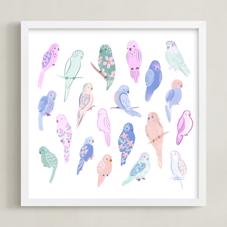 "Budgie Flock" - Art Print in Sherbet by Tishya Oedit - Framed
