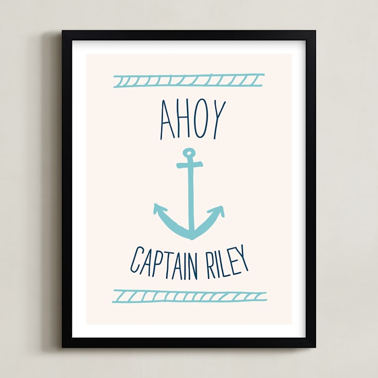 "Ahoy Matey" - Personalized Art Print in Light Aqua by Shari Margolin - Framed