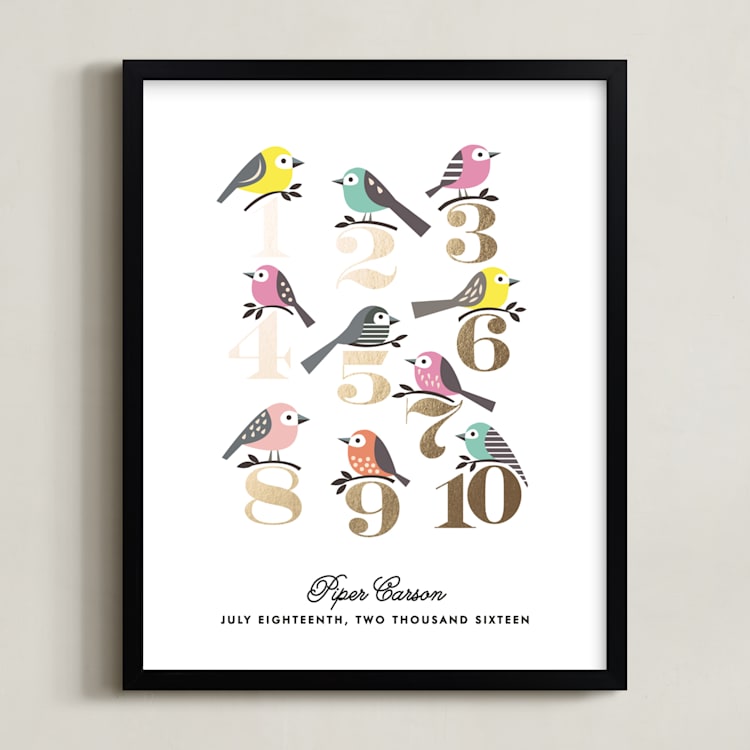 "Counting Birds" - Personalized Foil-Pressed Art Print in Gold by Karidy Walker - Framed