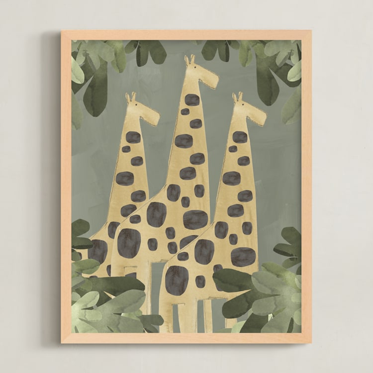 "A Giraffe Trio" - Art Print in Savanna Greige by Alicia Abla - Framed
