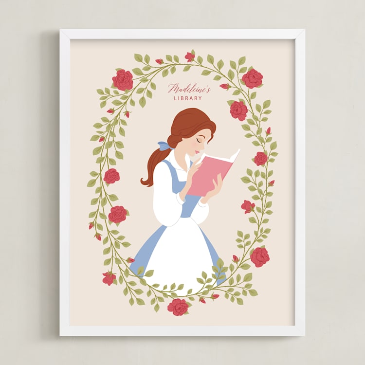 "Disney's Belle Library" - Personalized Art Print in Rose by Jamie Alexander - Framed