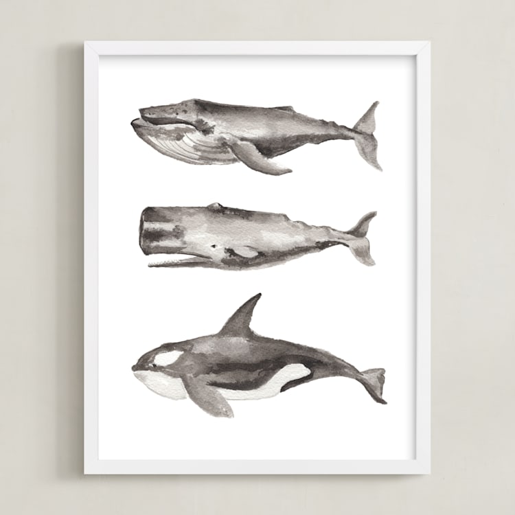 "Three Stacked Whales" - Art Print in Grey by Two if by Sea Studios - Framed