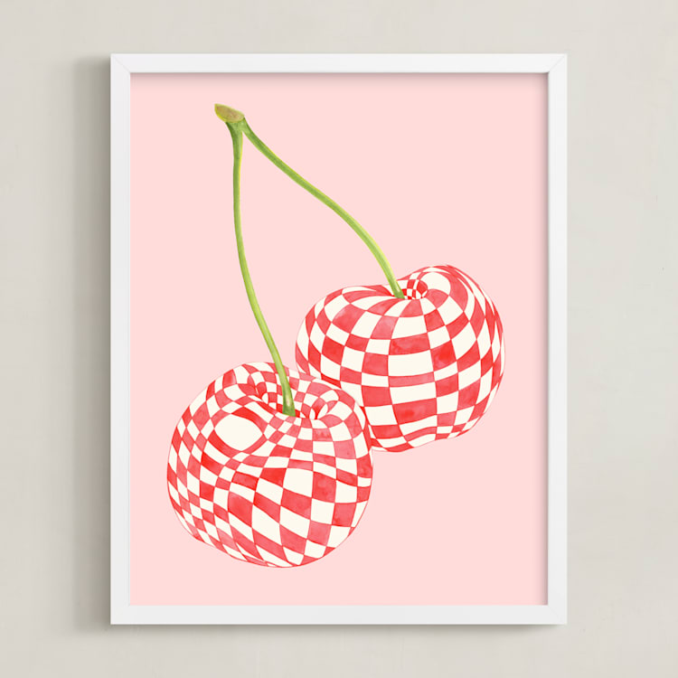 "Checkerboard Cherries" - Art Print in Pastel Pink by Luci Power - Framed
