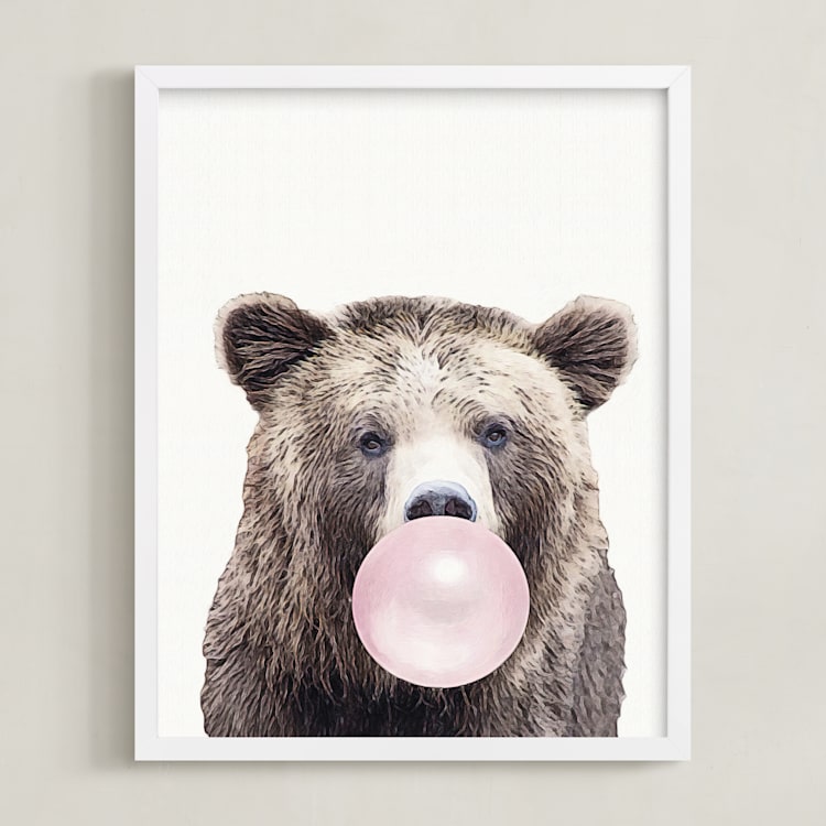 "Bubblegum: Bear" - Art Print in bubblegum pink by Maja Cunningham - Framed