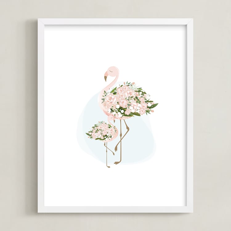 "Little Flower Flamingo" - Art Print in White by Jennifer Postorino - Framed