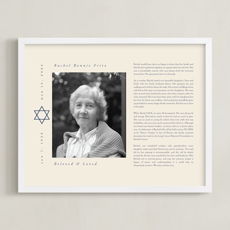 "Modern Star of David Obituary Print" - Custom Print in Cream by Ana de Sousa - Framed