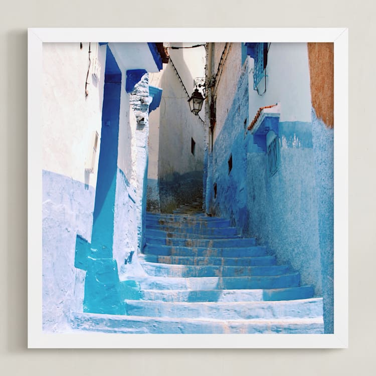 "Streets of Chefchaouen II" - Art Print in Chefchaouen Blue by Alannah Kittle - Framed