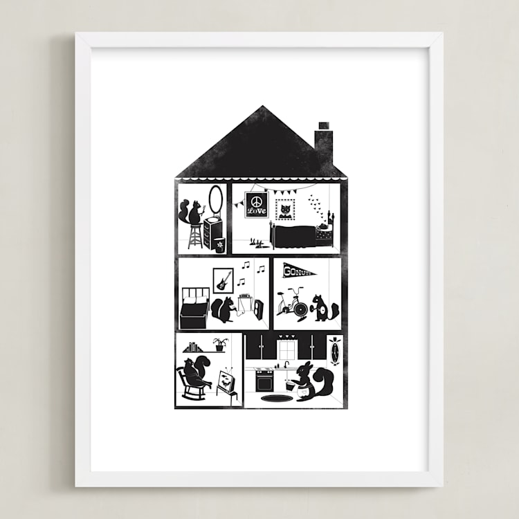 "Squirrel House" - Art Print in Charcoal by Krista Messer - Framed