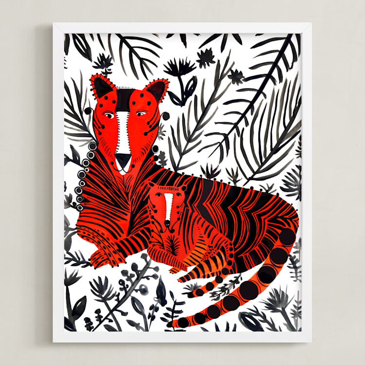 "Jubilant Corral Tigers" - Art Print in orange by marcia biasiello - Framed