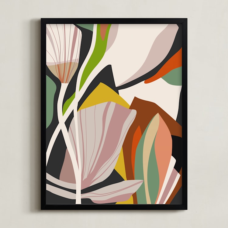 "Leaves and Flowers" - Art Print in Beige by Angel Estevez - Framed