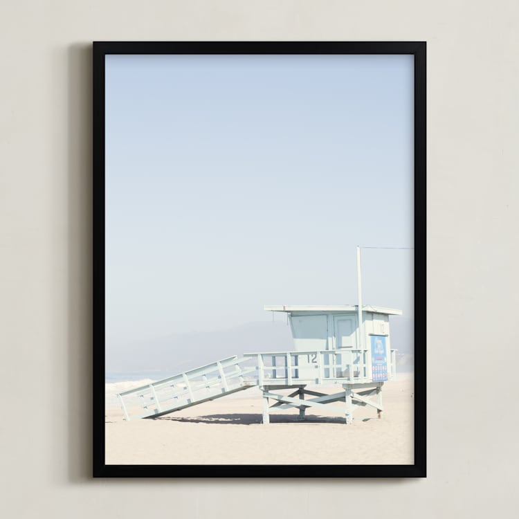 "The Pastel Blue Lifeguard House" - Art Print in Pastel blue by Caroline Mint - Framed