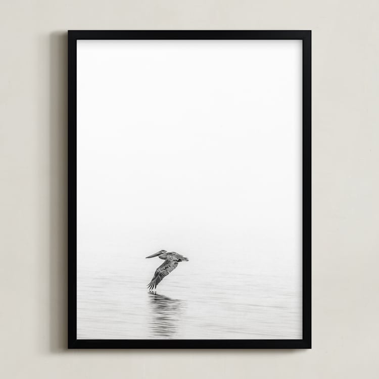 "Pelican on Lake" - Art Print in Medium Grey by Mary Ann Glynn-Tusa - Framed