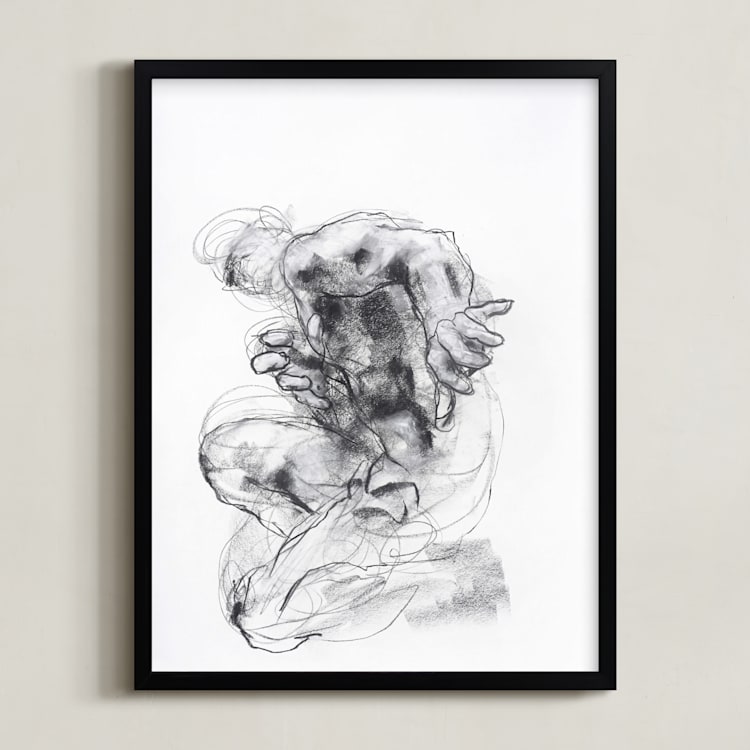 "Drawing 538 - Crouching Figure" - Art Print in Slate Black by Derek overfield - Framed