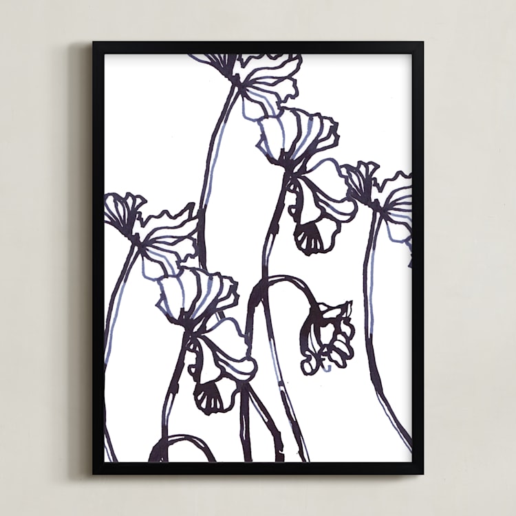 "Ink Cyclamen" - Art Print in inky blue by Sonal Nathwani - Framed