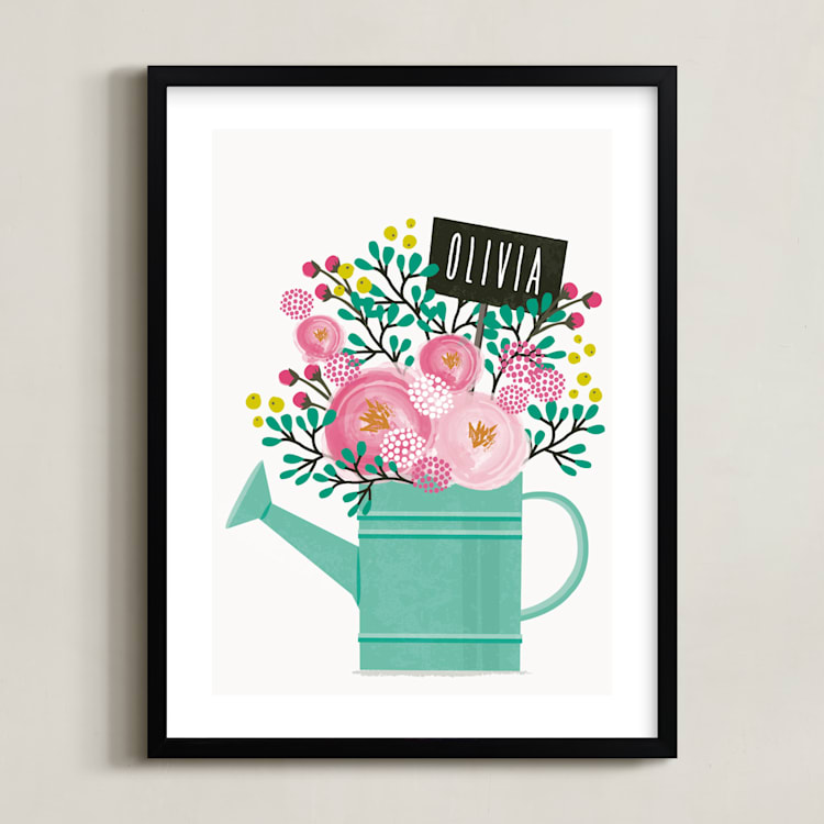 "Little Gardener" - Personalized Art Print in Aqua by Karidy Walker - Framed