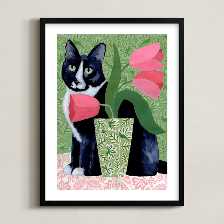"Tuxedo Cat Barry with Pink Tulips" - Art Print in Dusty Green by Susan Black - Framed