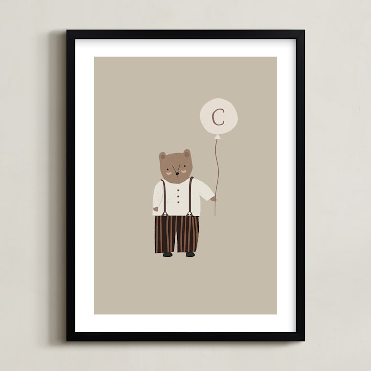 "Balloon Bear" - Personalized Art Print in Tan by Angela Thompson - Framed