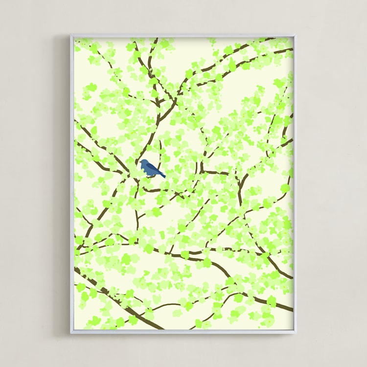 "Plum tree with Birds in Spring" - Art Print in Green Blossoms by Jorey Hurley - Framed