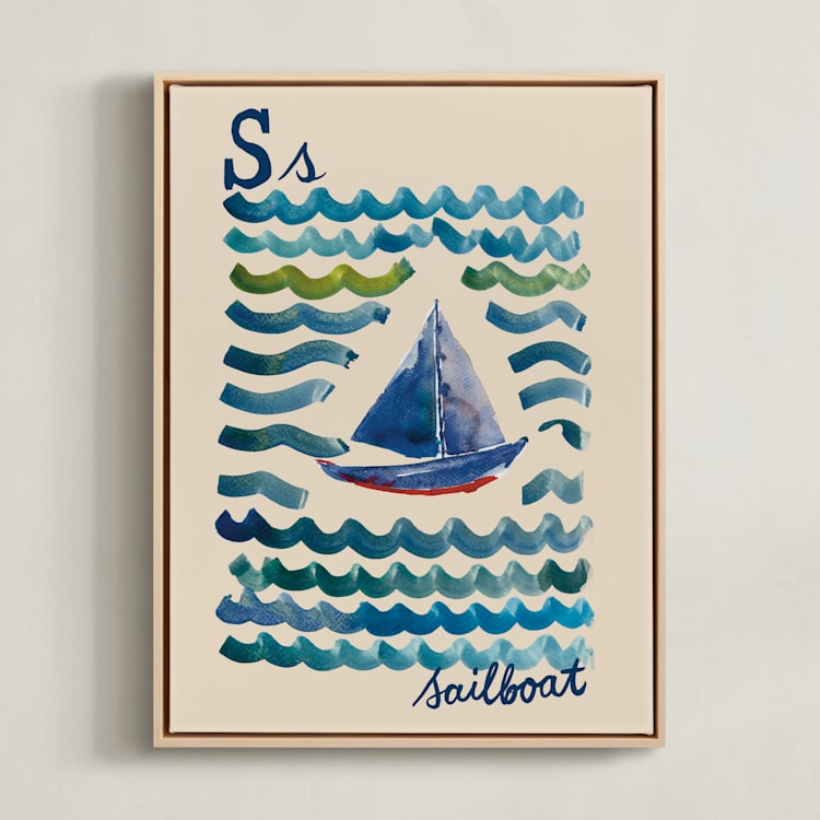 "S for Sailboat" - Art Print in Ocean Blue by Samantha Tang - Framed Canvas