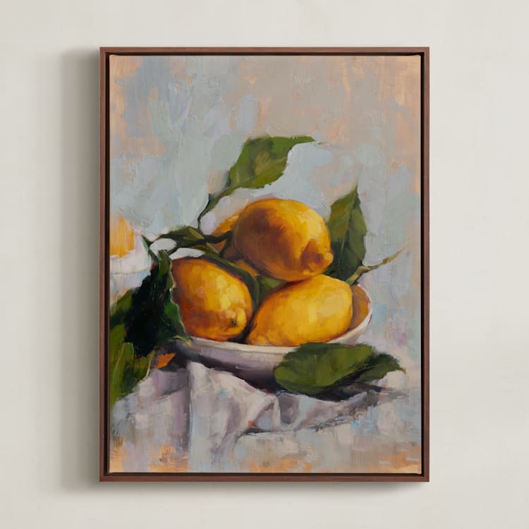 "Bowl of Lemons" - Art Print in Golden by Wendy Keller - Framed Canvas