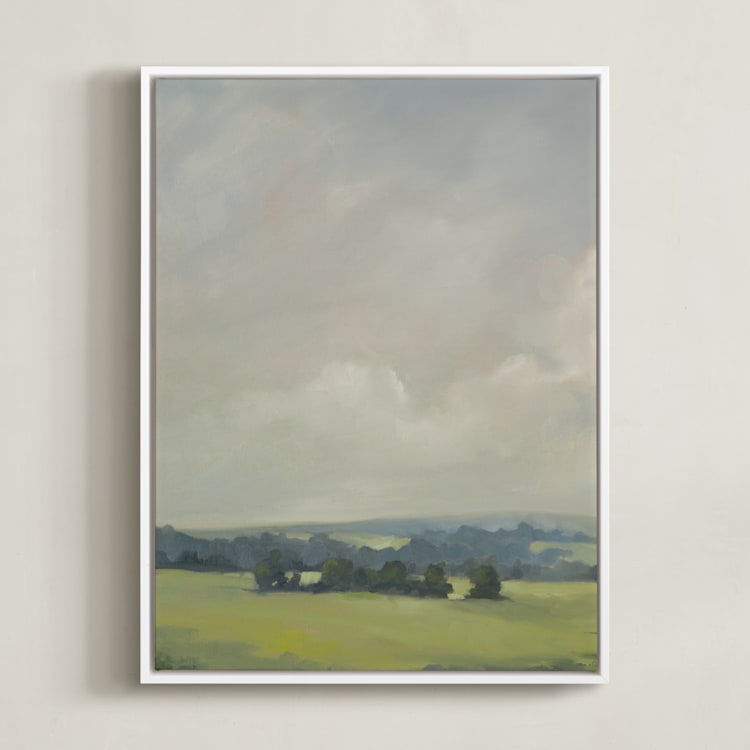 "Rosy Tomorrow I" - Art Print in Grey Blue by Stephanie Goos Johnson - Framed Canvas