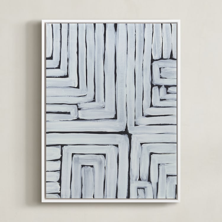 "GPS White Stripes and Black Lines" - Art Print in Black and White by Lauren Rutley - Framed Canvas