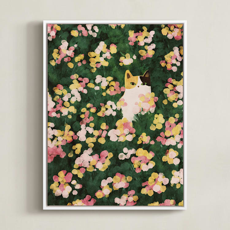 "Flower Meadow Cat" - Art Print in Daffodil Yellow by Sabrina Excene - Framed Canvas