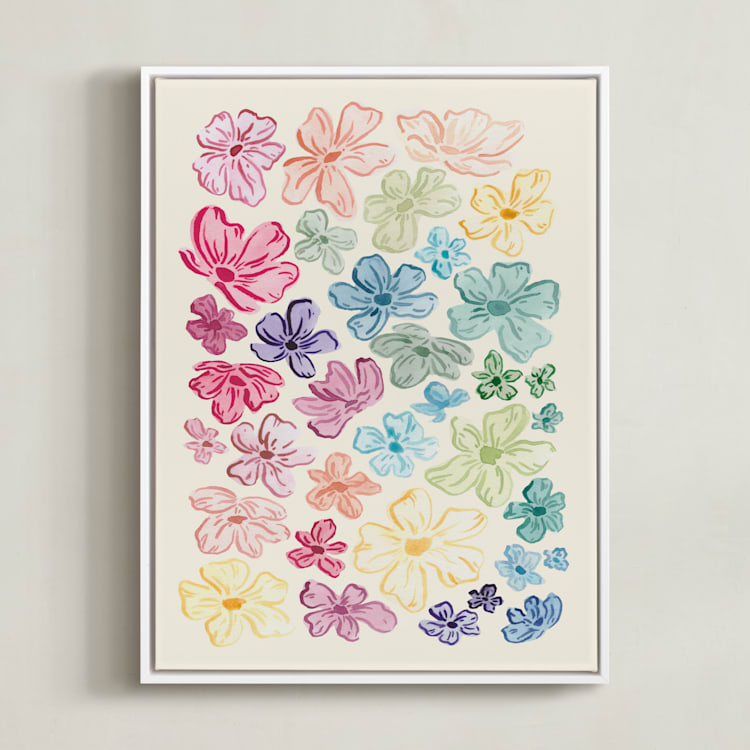 "A Rainbow of Flowers" - Art Print in Pale Sunshine by The Scribblist - Framed Canvas
